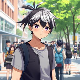 A 23-year-old cool anime guy with a stylish ponytail of black hair and striking white bangs, featuring captivating eyes—one blue and the other purple