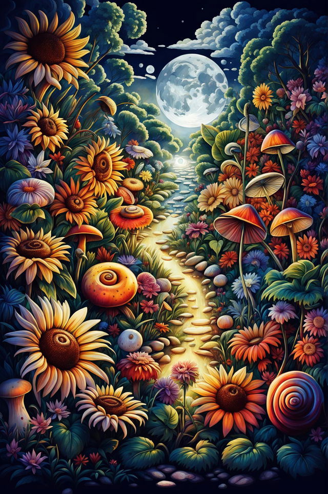 This digital art piece depicts a lush garden with sunflowers, roses, cherry blossoms, and clovers under a sky that transitions from day to night