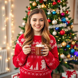 A 25-year-old woman standing cheerfully near a beautifully decorated Christmas tree, radiating holiday spirit