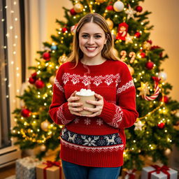 A 25-year-old woman standing cheerfully near a beautifully decorated Christmas tree, radiating holiday spirit