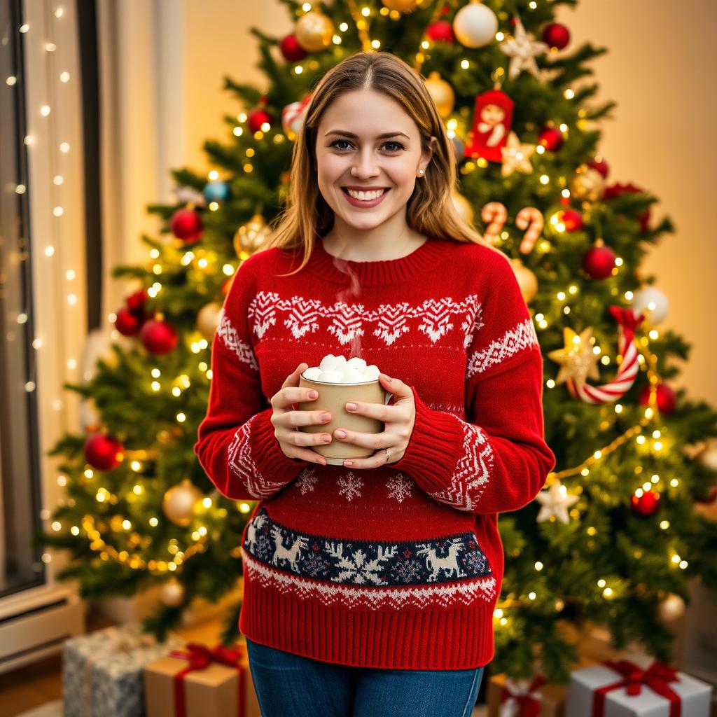A 25-year-old woman standing cheerfully near a beautifully decorated Christmas tree, radiating holiday spirit