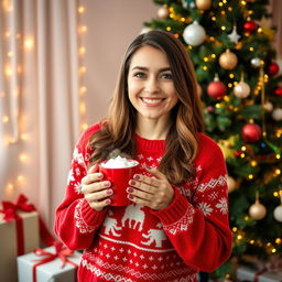 A 25-year-old woman standing cheerfully near a beautifully decorated Christmas tree, radiating holiday spirit