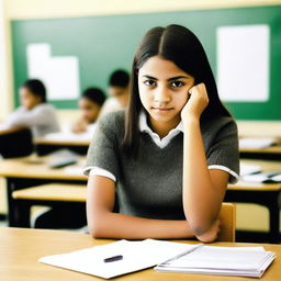 A high-quality photograph of an 18-year-old girl sitting at a school desk in a classroom, holding a camera phone with her face out of frame