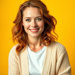 A portrait of Scarlett, a 33-year-old woman with a warm and cheerful appearance