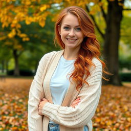 A scene in the park featuring Scarlett, a 33-year-old woman with a warm and cheerful appearance