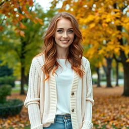 A scene in the park featuring Scarlett, a 33-year-old woman with a warm and cheerful appearance