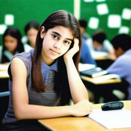 A high-quality photograph of an 18-year-old girl sitting at a school desk in a classroom, holding a camera phone with her face out of frame