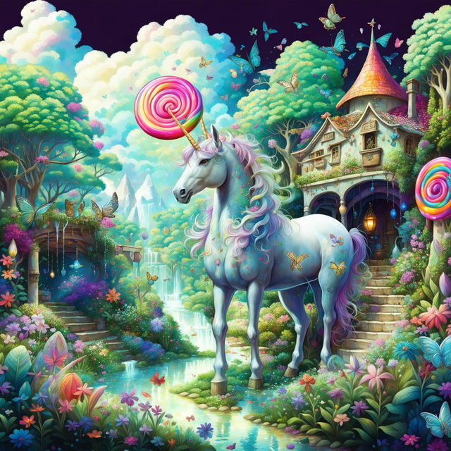 This is a digital art image of a magical landscape featuring a majestic unicorn with an opal horn, a rustic house, a candy path, and butterflies