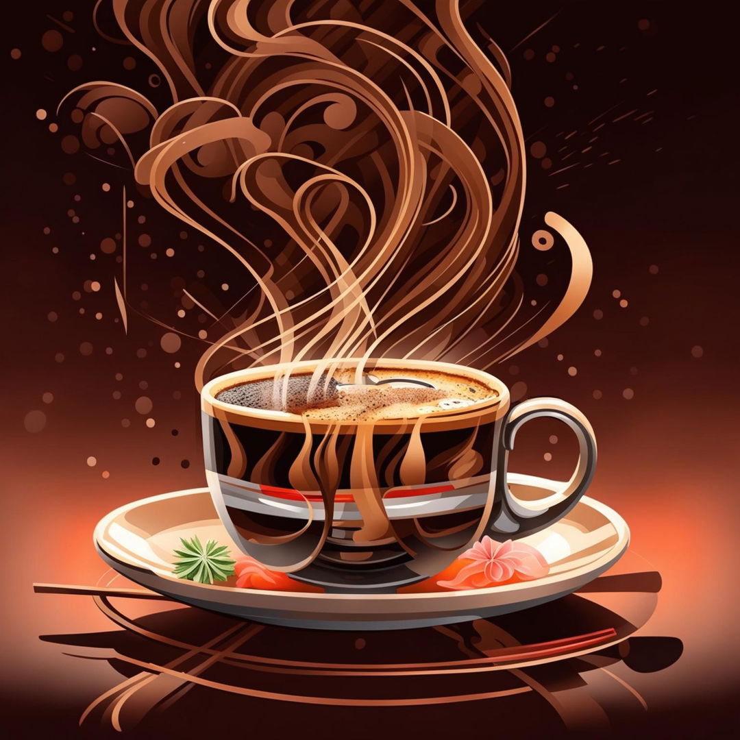 A high-quality digital art image featuring a detailed, steaming cup of coffee next to a plate of various types of sushi, arranged neatly