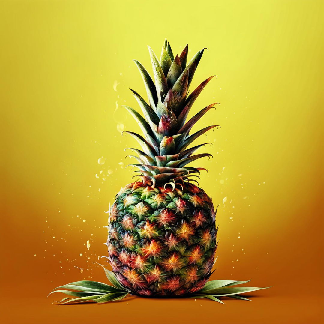 A high-quality digital art image featuring a detailed, ripe pineapple with a vibrant yellow skin and a spiky green crown