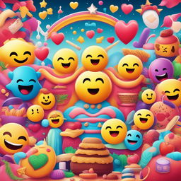 A vibrant digital art image filled with a delightful array of emojis including hearts, trophies, food items, animals, human figures, and celestial bodies