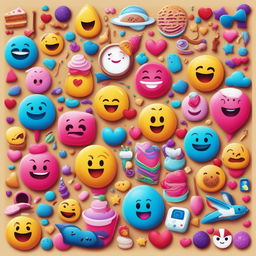 A vibrant digital art image filled with a delightful array of emojis including hearts, trophies, food items, animals, human figures, and celestial bodies