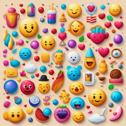 A vibrant digital art image filled with a delightful array of emojis including hearts, trophies, food items, animals, human figures, and celestial bodies