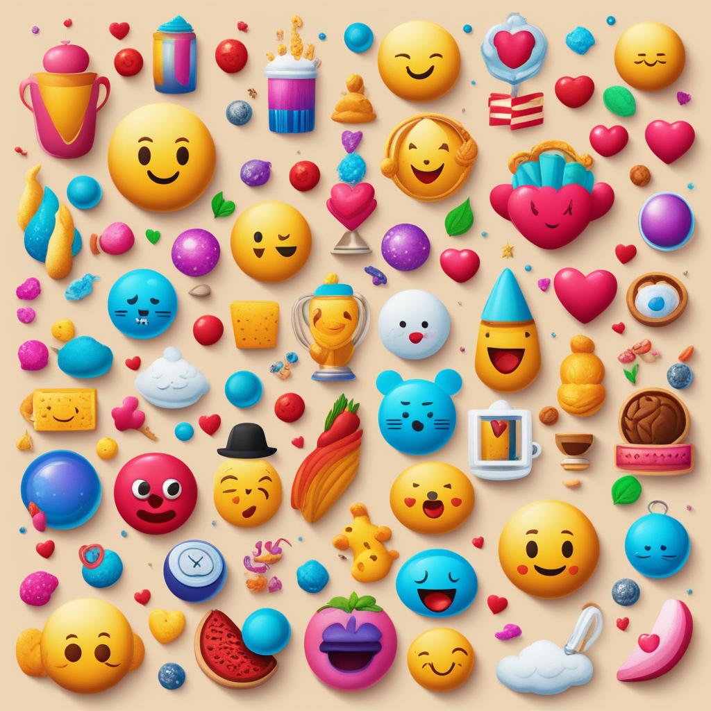 A vibrant digital art image filled with a delightful array of emojis including hearts, trophies, food items, animals, human figures, and celestial bodies