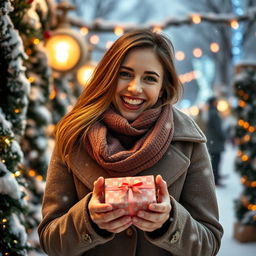 A 30-year-old woman joyfully standing outdoors amidst a winter wonderland, surrounded by decorative garlands and soft, fluffy snowflakes gently falling around her