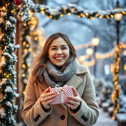 A 30-year-old woman joyfully standing outdoors amidst a winter wonderland, surrounded by decorative garlands and soft, fluffy snowflakes gently falling around her