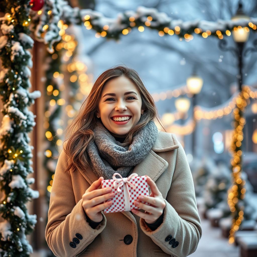 A 30-year-old woman joyfully standing outdoors amidst a winter wonderland, surrounded by decorative garlands and soft, fluffy snowflakes gently falling around her