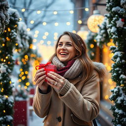 A 30-year-old woman joyfully standing outdoors amidst a winter wonderland, surrounded by decorative garlands and soft, fluffy snowflakes gently falling around her
