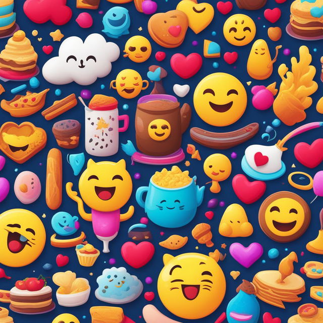 A vibrant digital art image filled with a delightful array of emojis including hearts, trophies, food items, animals, human figures, and celestial bodies