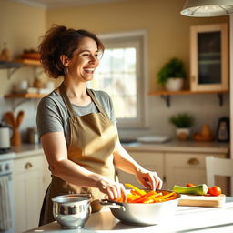 A 37-year-old woman in a warm, inviting kitchen environment, wearing a cheerful apron as she joyfully cooks a delicious meal