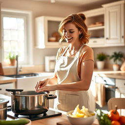 A 37-year-old woman in a warm, inviting kitchen environment, wearing a cheerful apron as she joyfully cooks a delicious meal