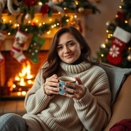 A 33-year-old woman relaxing in a warmly decorated room featuring a crackling fireplace adorned with colorful Christmas stockings, creating a cozy and festive atmosphere