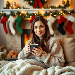A 33-year-old woman relaxing in a warmly decorated room featuring a crackling fireplace adorned with colorful Christmas stockings, creating a cozy and festive atmosphere