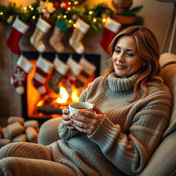 A 33-year-old woman relaxing in a warmly decorated room featuring a crackling fireplace adorned with colorful Christmas stockings, creating a cozy and festive atmosphere