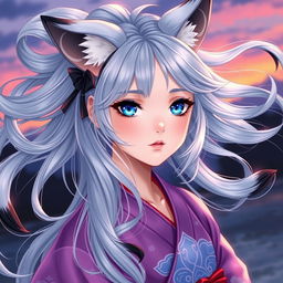 A young woman with flowing silver hair, adorned with six elegant silver tails, each featuring striking black tips