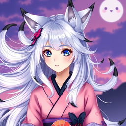 A young woman with flowing silver hair, adorned with six elegant silver tails, each featuring striking black tips