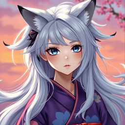 A young woman with flowing silver hair, adorned with six elegant silver tails, each featuring striking black tips