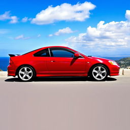 A 2003 Honda Civic coupe in a vibrant cherry red color (cereza) with a sleek black hood (capó negro)