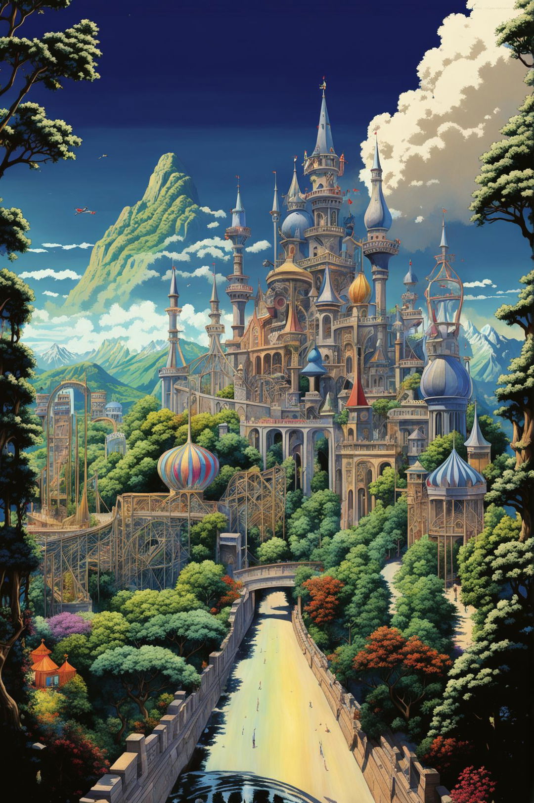 A high-quality digital art image depicts a grand castle amidst a lush landscape, with an amusement park to its side