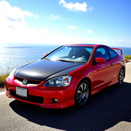 A 2003 Honda Civic coupe in a vibrant cherry red color (cereza) with a sleek black hood (capó negro)