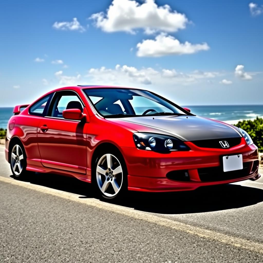 A 2003 Honda Civic coupe in a vibrant cherry red color (cereza) with a sleek black hood (capó negro)