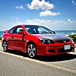 A 2003 Honda Civic coupe in a vibrant cherry red color (cereza) with a sleek black hood (capó negro)