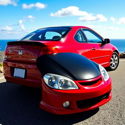 A 2003 Honda Civic coupe in a vibrant cherry red color (cereza) with a sleek black hood (capó negro)