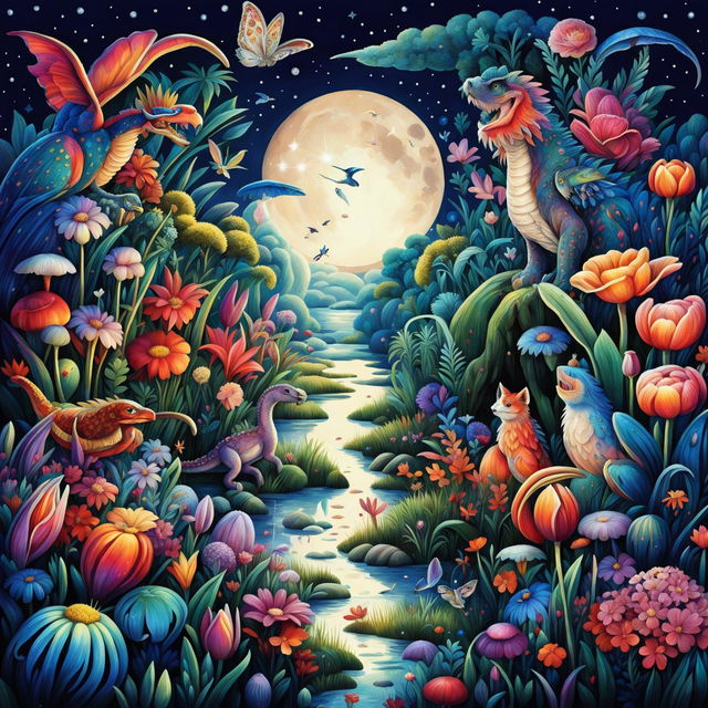 A vibrant digital art image featuring a diverse range of flora and fauna under a crescent moon