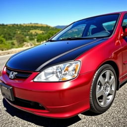 A 2003 Honda Civic coupe, featuring a striking metallic cherry color with a sleek black hood