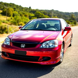A 2003 Honda Civic coupe, featuring a striking metallic cherry color with a sleek black hood