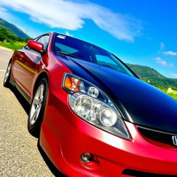 A 2003 Honda Civic coupe, featuring a striking metallic cherry color with a sleek black hood