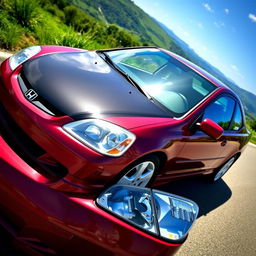 A 2003 Honda Civic coupe, featuring a striking metallic cherry color with a sleek black hood