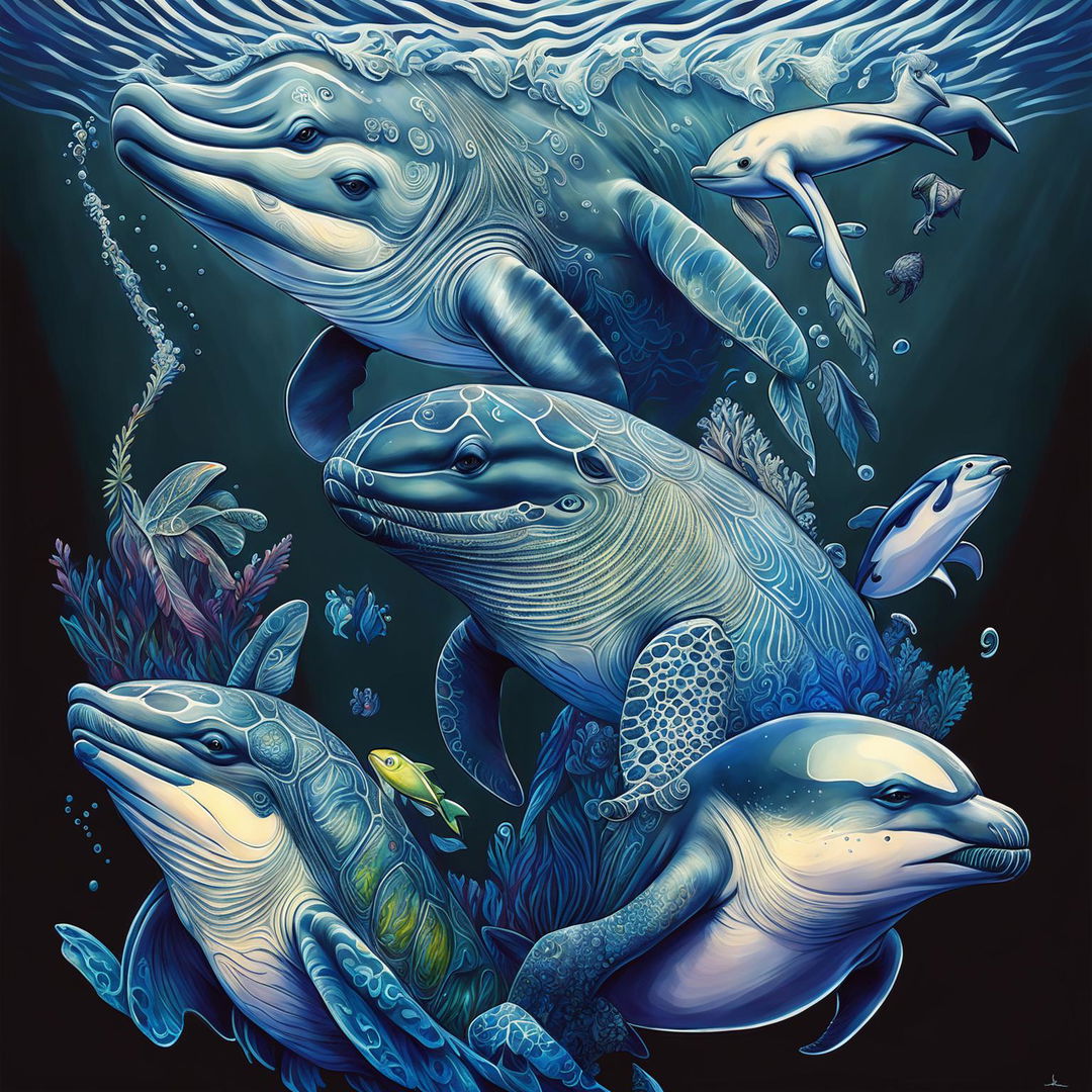 A high-quality digital art image showcasing various aquatic creatures including a playful dolphin, a curious seal, a graceful turtle, a majestic whale, and a diving penguin