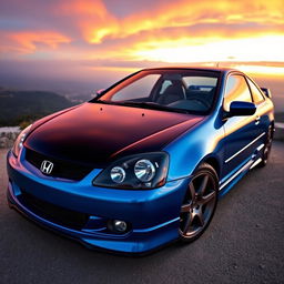 A stunning 2003 Honda Civic coupe in a glossy metallic blue color, with a striking black hood