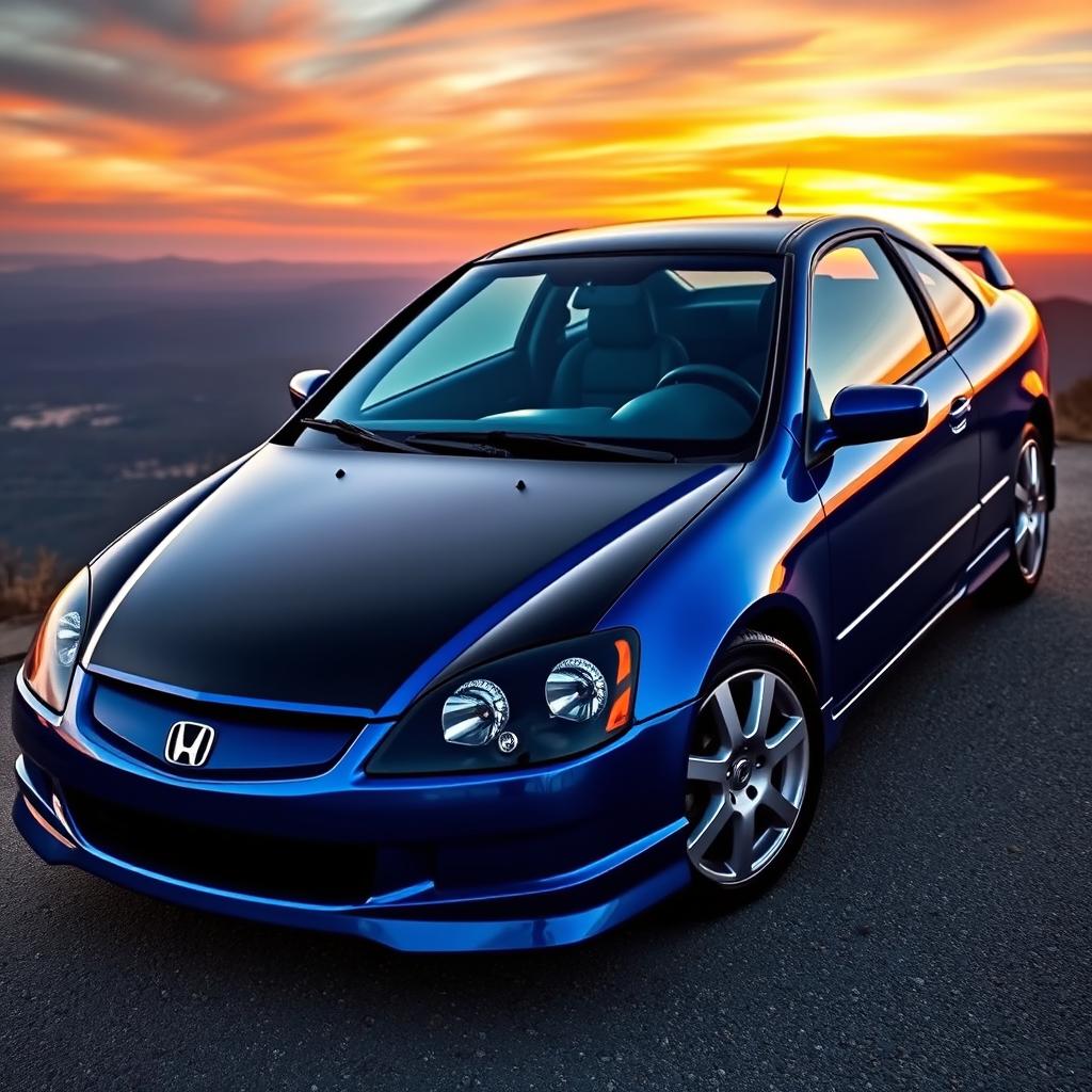 A stunning 2003 Honda Civic coupe in a glossy metallic blue color, with a striking black hood