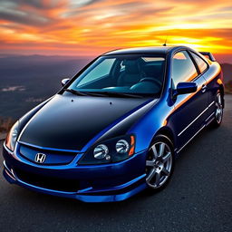 A stunning 2003 Honda Civic coupe in a glossy metallic blue color, with a striking black hood