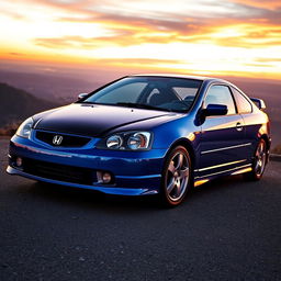 A stunning 2003 Honda Civic coupe in a glossy metallic blue color, with a striking black hood
