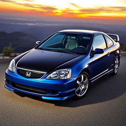 A stunning 2003 Honda Civic coupe in a glossy metallic blue color, with a striking black hood