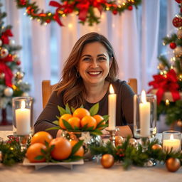 A 28-year-old woman seated at a beautifully set festive table, elegantly adorned with flickering candles, fresh tangerines, and vibrant Christmas decorations that evoke a warm, holiday spirit