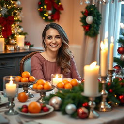 A 28-year-old woman seated at a beautifully set festive table, elegantly adorned with flickering candles, fresh tangerines, and vibrant Christmas decorations that evoke a warm, holiday spirit